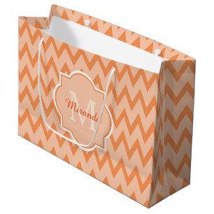 Trendy Orange Chevron Zigzag Name and Monogram Large Gift Bag