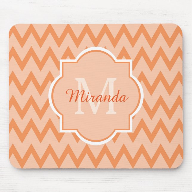 Trendy Orange Chevron Zigzag Name and Monogram Mouse Pad (Front)