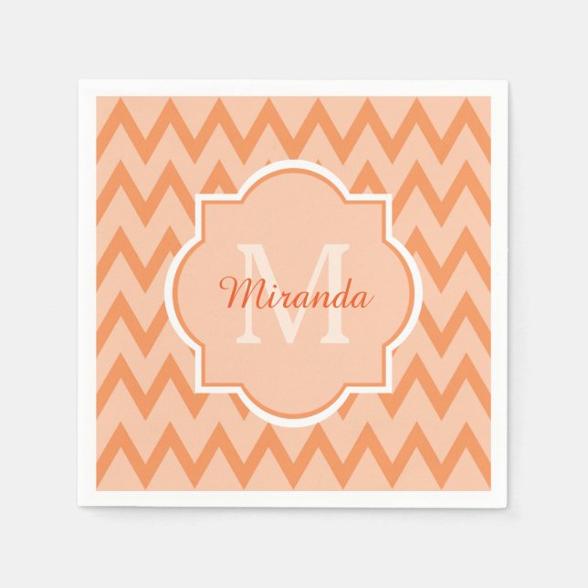 Trendy Orange Chevron Zigzag Name and Monogram Napkin (Front)
