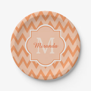Trendy Orange Chevron Zigzag Name and Monogram Paper Plate