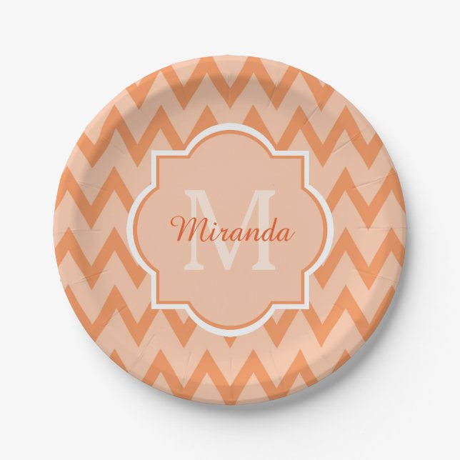Trendy Orange Chevron Zigzag Name and Monogram Paper Plate (Front)