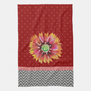 Trendy Orange Flower Dark Red Grey Kitchen Towel