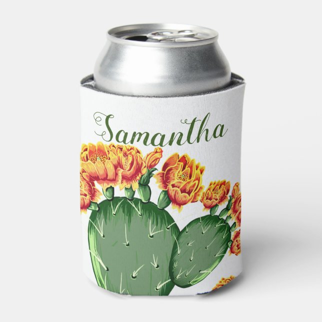 Trendy Orange Flower Prickly Pear Cactus Can Cooler (Can Front)