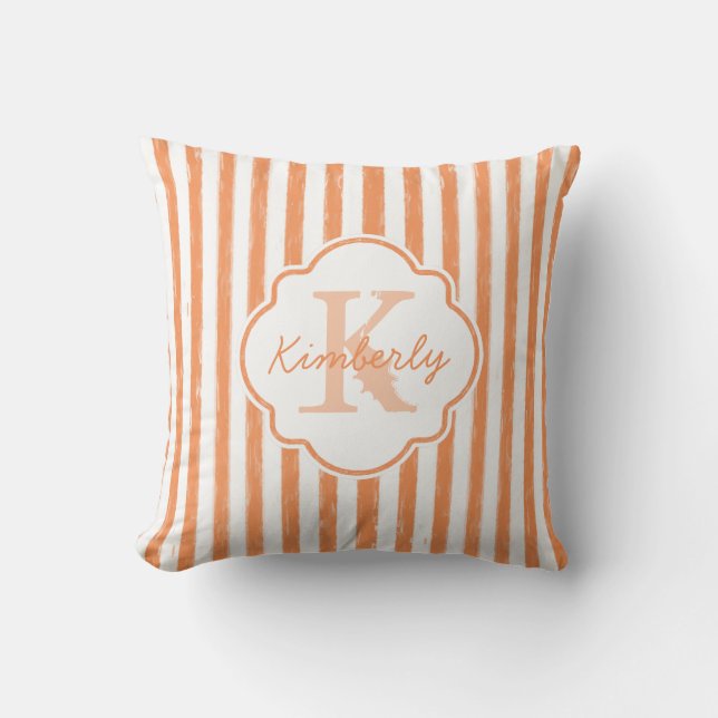 Trendy Orange Painted Stripes Monogram and Name Cushion (Front)