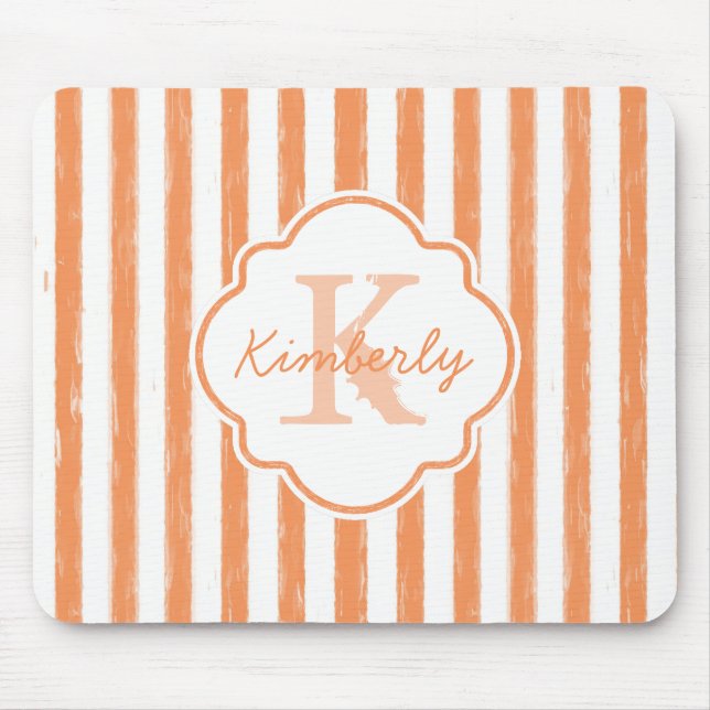 Trendy Orange Painted Stripes Monogram and Name Mouse Pad (Front)