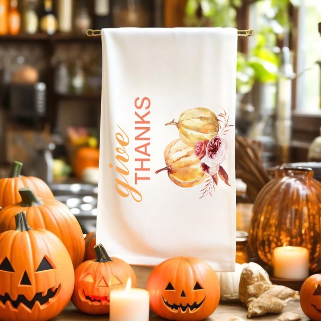 Trendy Orange & Red Give Thanks & Pumpkin Tea Towel (Creator Uploaded)