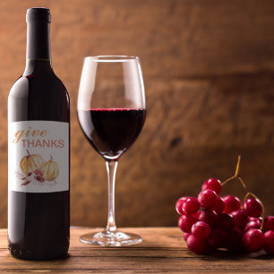 Trendy Orange & Red Give Thanks & Pumpkin Wine Label