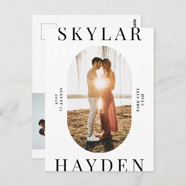 Trendy Oval Photo Modern Save the Date Postcard (Front/Back)