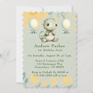 Trendy Painted Green Dinosaur 1st Birthday Party Invitation