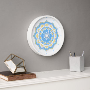 Trendy Pale Blue and Yellow Abstract Mandala Clock
