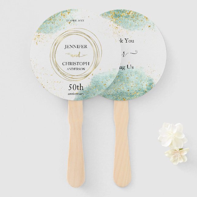 Trendy Pale Green with Golden Details Hand Fan (Front and Back)