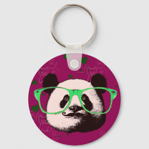 Trendy Panda Bear Faces Glasses Moustache Add Name Key Ring