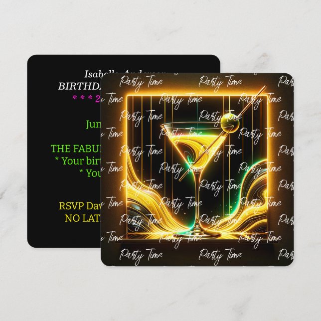Trendy Party Time Neon Personalised Invitation (Front/Back)