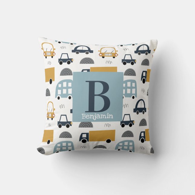 Trendy pastel blue Baby Monogram Car Pattern Cushion (Front)