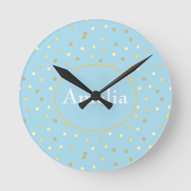 Trendy Pastel Blue Gold Confetti Dots  Round Clock (Front)