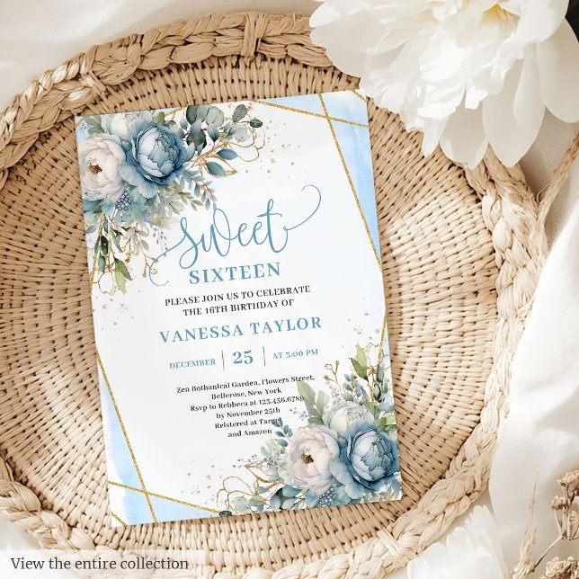 Trendy Pastel Blue White Floral Sweet Sixteen Invitation (Trendy Pastel Blue White Floral Sweet 16 Invitation)