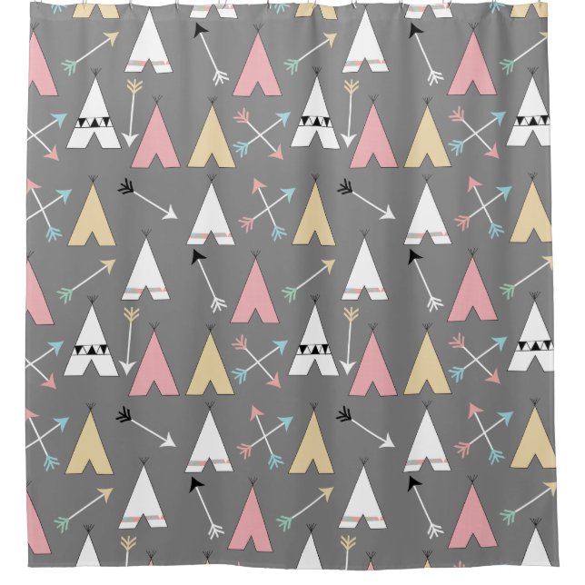 Trendy Pastel Boho Teepees and Arrows Pattern Shower Curtain (Front)