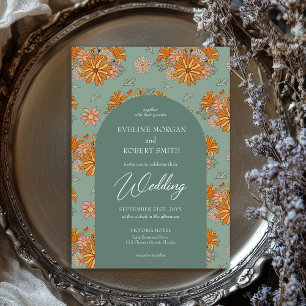 Trendy pastel colours retro groovy flowers wedding invitation