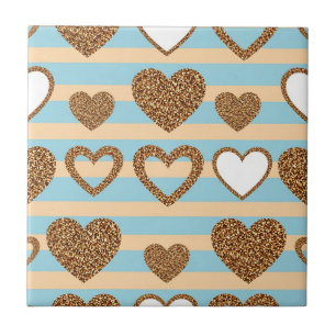 Trendy Pastel Heart Stripe with Gold Details Ceramic Tile