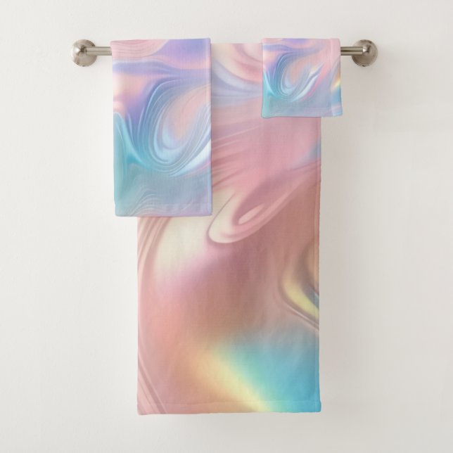 Trendy pastel Pink Blue yellow abstract waves Bath Towel Set (Insitu)