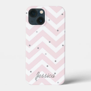 Trendy Pastel Pink Chevron Dotty Personalised iPhone 13 Mini Case