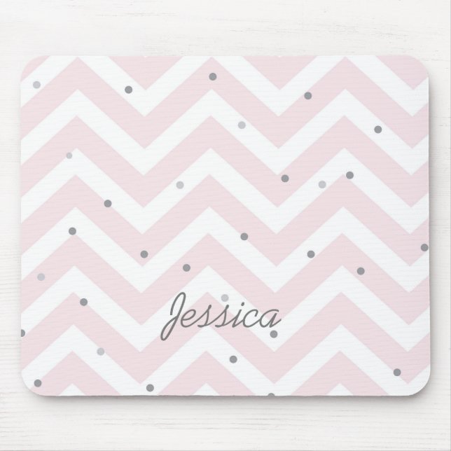 Trendy Pastel Pink Chevron Dotty Personalised Mouse Pad (Front)