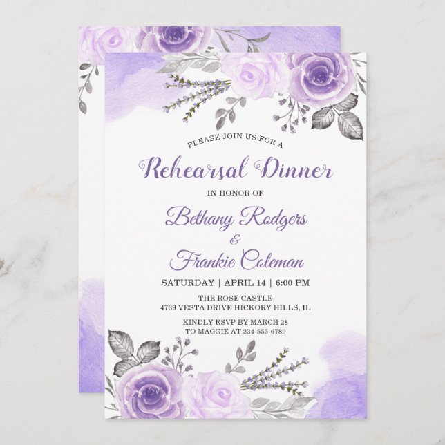 Trendy Pastel Purple Floral Chic Rehearsal Dinner Invitation (Front/Back)