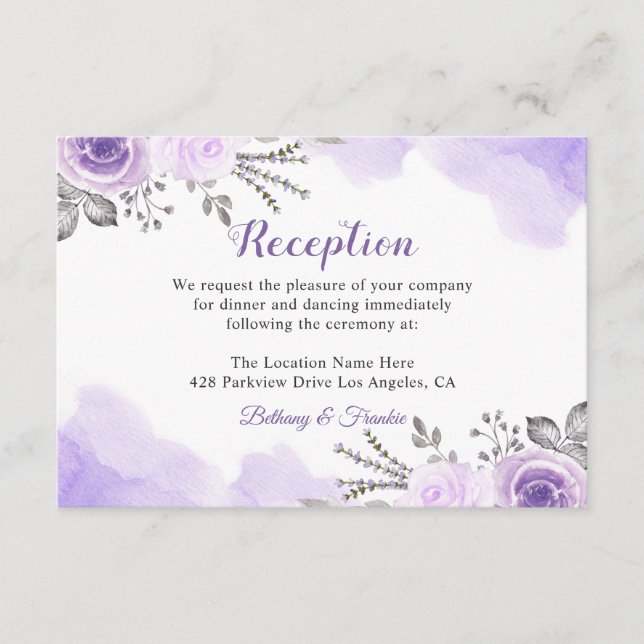 Trendy Pastel Purple Floral Chic Wedding Reception Enclosure Card (Front)