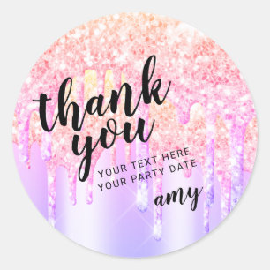 Trendy Pastel Rainbow Glitter Drips Thank You Classic Round Sticker