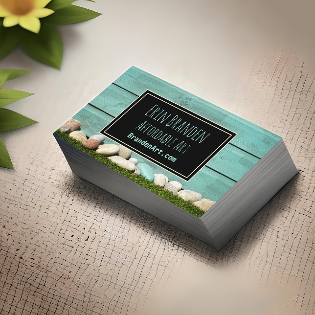 Trendy Pastel Teal Aqua Rocks & Wood Artsy Design Business Card (Teal stones home and garden business cards)