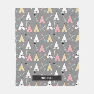 Trendy Pastel Teepees and Arrows Personalised Name Fleece Blanket