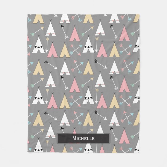 Trendy Pastel Teepees and Arrows Personalised Name Fleece Blanket (Front)