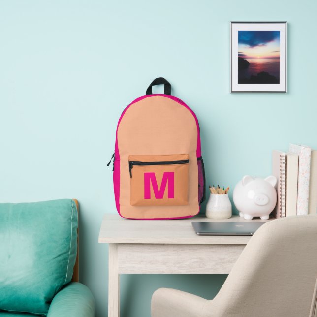 Trendy peach and hot pink with Monogram name Printed Backpack (Insitu)