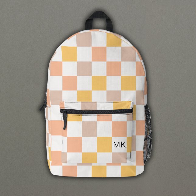 Trendy Peach Chequerboard Monogram Initials Printed Backpack (Creator Uploaded)