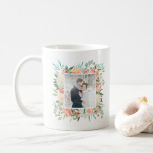 Trendy Peach Floral Watercolor with Photo Coffee Mug