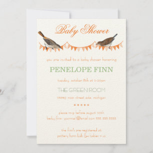 Trendy Peach Green Bunting Bird Baby Shower Invitation