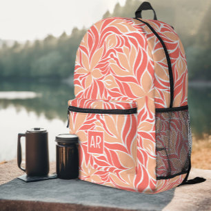 Trendy Peach Orange Modern Floral Pattern Monogram Printed Backpack