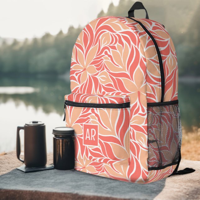 Trendy Peach Orange Modern Floral Pattern Monogram Printed Backpack (Trendy Peach Orange Modern Floral Pattern Monogram Printed Backpack)