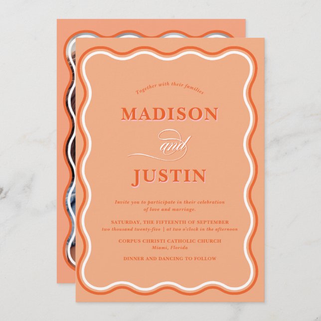 Trendy Peach Orange Squiggle Curves Photo Wedding Invitation (Front/Back)