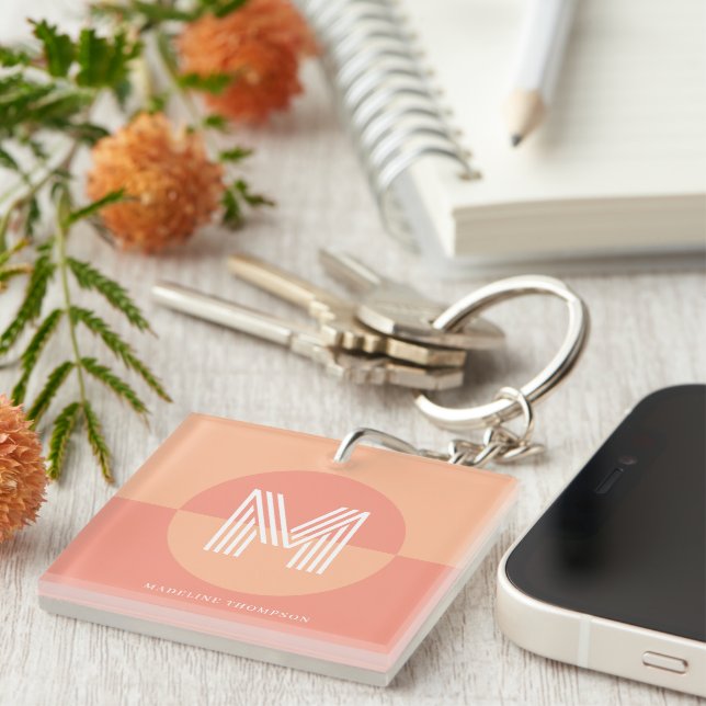 Trendy Peach Pink Geometric Modern Monogram Key Ring (Front Right)