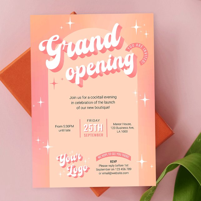 Trendy Peach Pink Salon Spa Boutique Grand Opening Invitation (Create modern and fun business launch event invitations with this Retro Groovy Business Invitation)