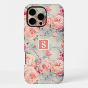 Trendy Peach Roses Monogram Floral iPhone 16 Pro Max Case