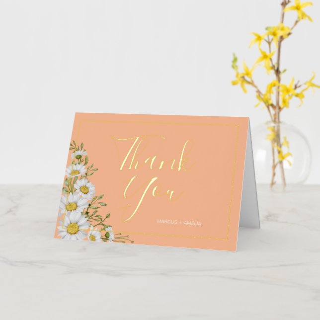 Trendy Peach & White Daisies Thank You   Foil Greeting Card (Yellow Flower)