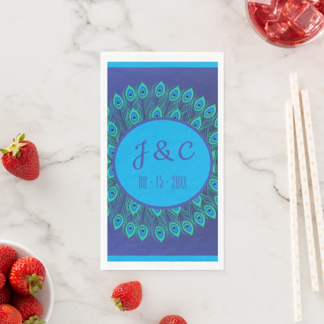 TRENDY PEACOCK PATTERNED CUSTOM TEXT IN GREEN BLUE NAPKIN (Insitu)