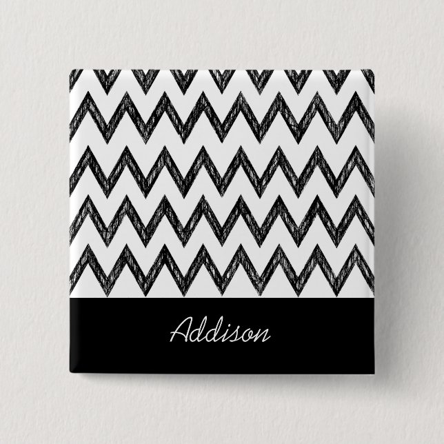 Trendy Pencil Black and White Chevron With Name 15 Cm Square Badge (Front)