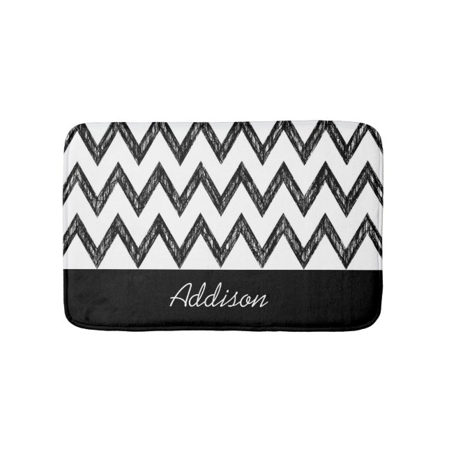 Trendy Pencil Black and White Chevron With Name Bath Mat (Front)