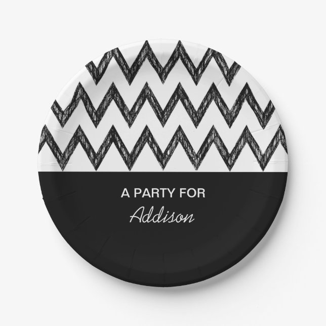 Trendy Pencil Black and White Chevron With Name Paper Plate (Front)