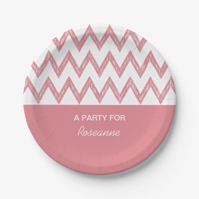 Trendy Pencil Light Pink Chevron Zigzags With Name Paper Plate (Front)