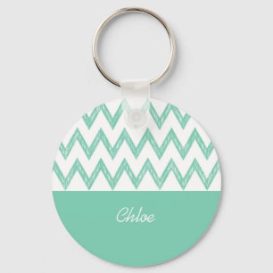 Trendy Pencil Mint Green Chevron Zigzags With Name Key Ring