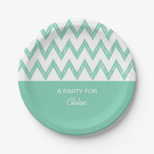 Trendy Pencil Mint Green Chevron Zigzags With Name Paper Plate